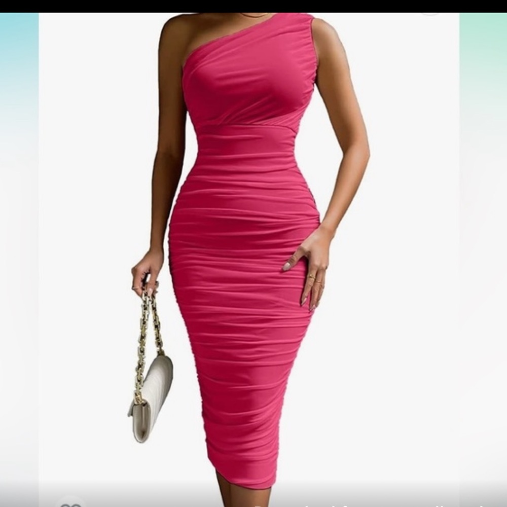 Pofash Bodycon Ruched Tube Midi One Shoulder Lined Fuchsia Pink Dress- Medium